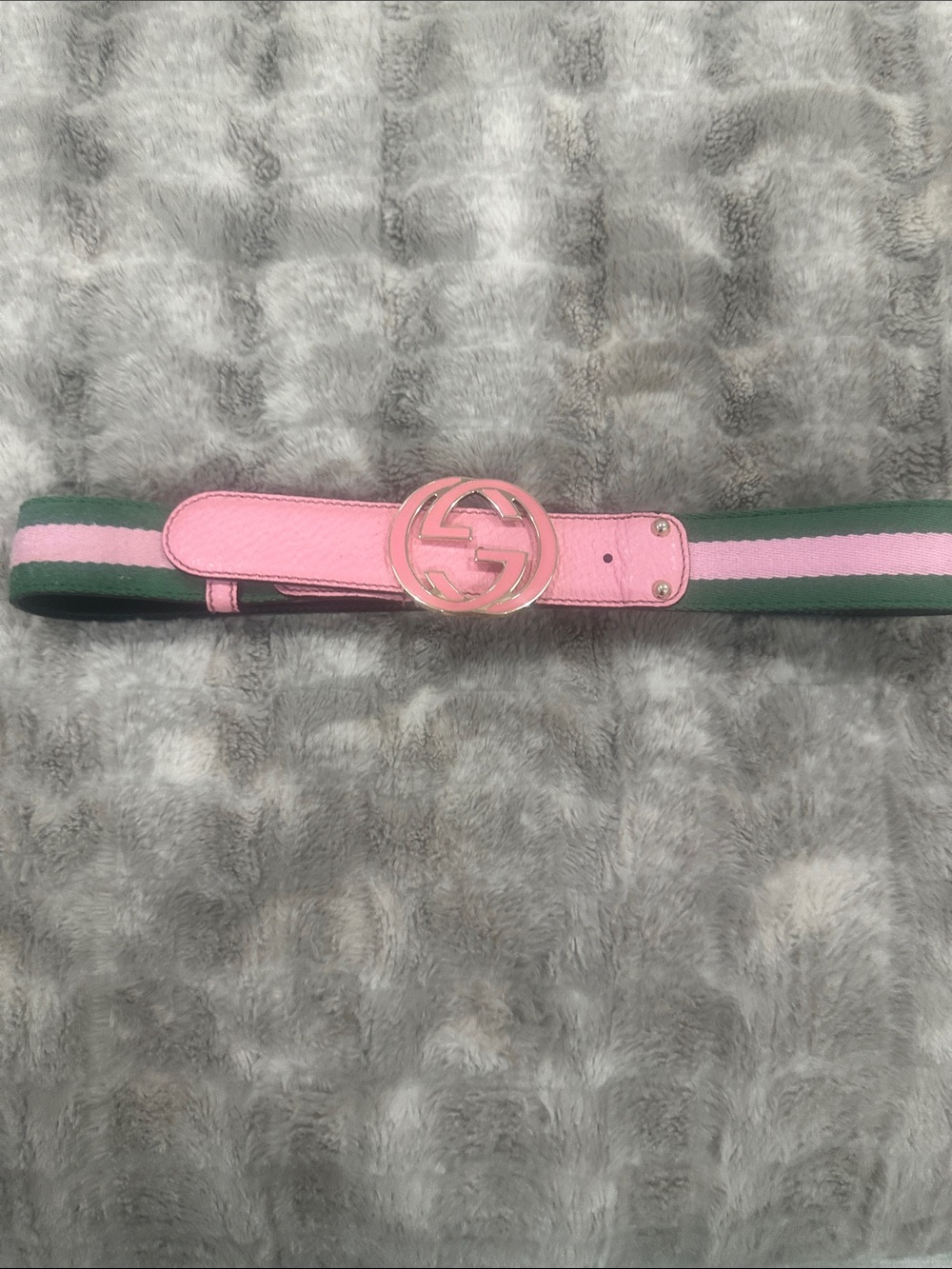 GUCCI Pink and Green Signature Belt with Interlocking gold and pink GG Buckle